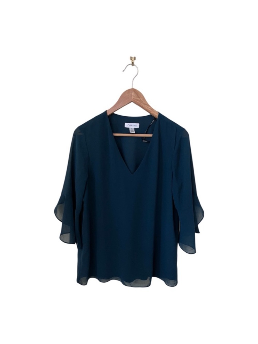 Calvin Klein Women's Deep Teal V-Neck Flutter Sleeve Blouse